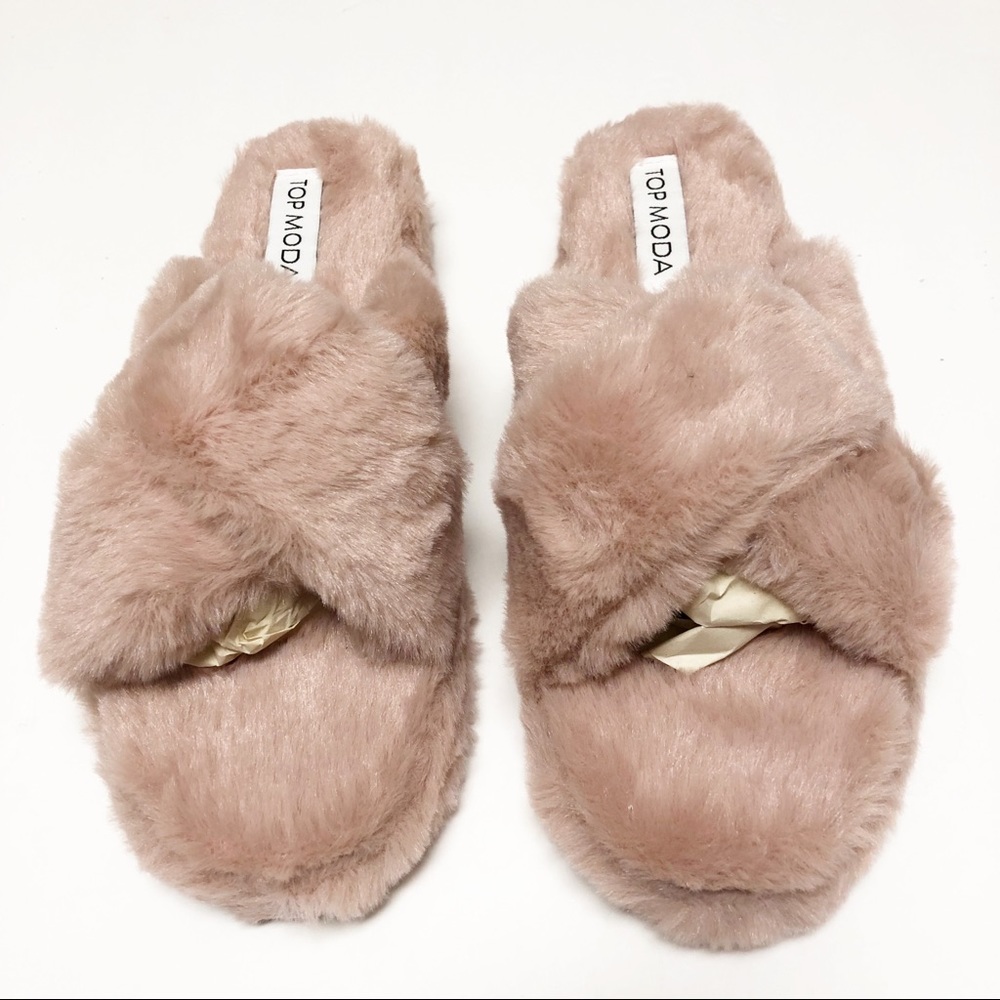 Top Moda Pink Fluffy Slip On Slippers
